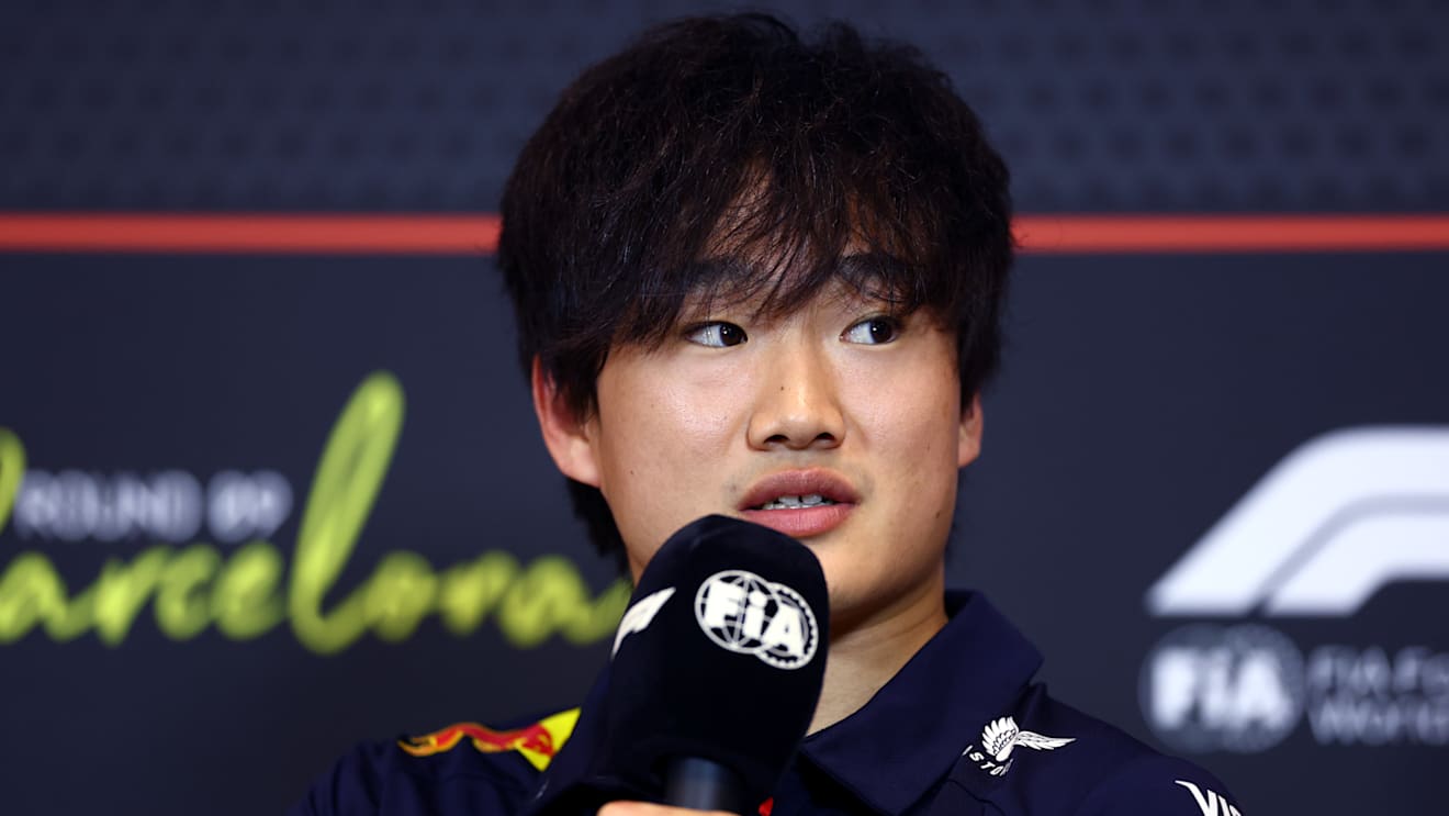 BARCELONA, SPAIN - MAY 29: Yuki Tsunoda of Japan and Oracle Red Bull Racing speaks in the Drivers Press Conference during previews ahead of the F1 Grand Prix of Spain at Circuit de Barcelona-Catalunya on May 29, 2025 in Barcelona, Spain. (Photo by Clive Rose/Getty Images)