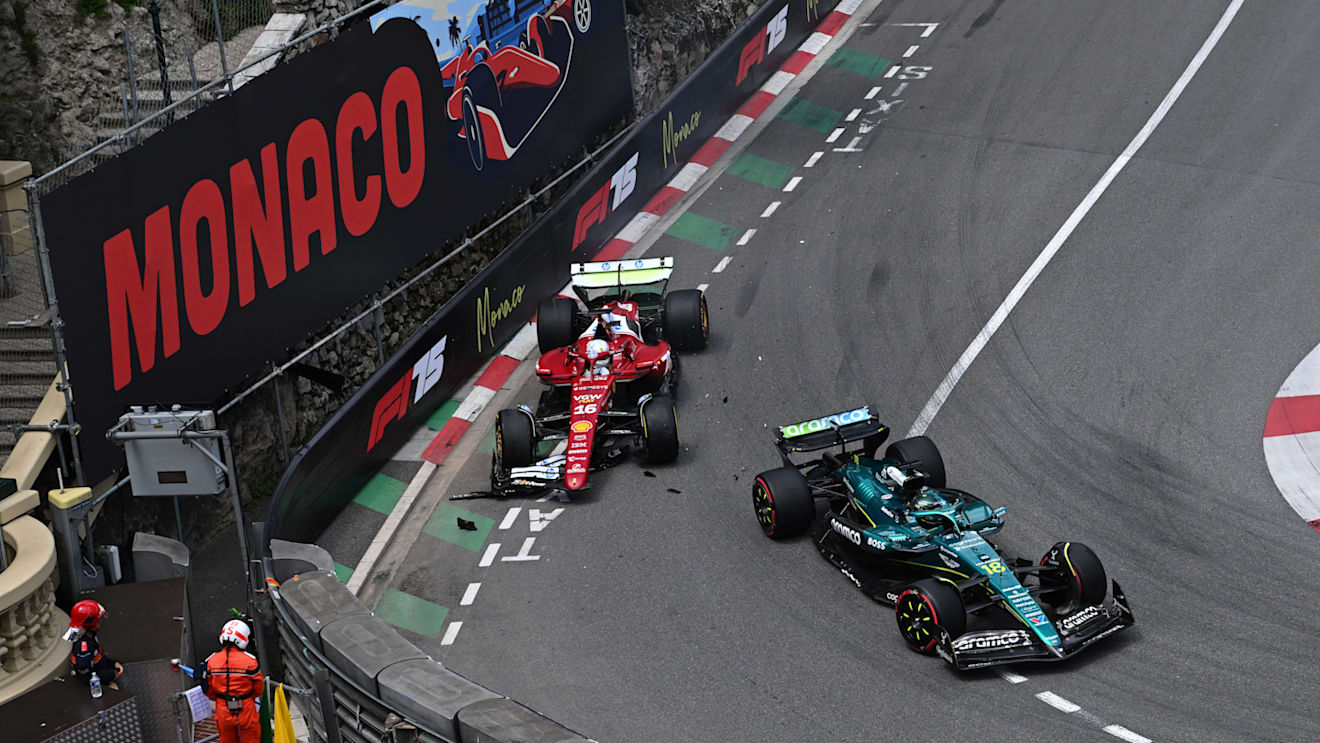 MONTE-CARLO, MONACO - MAY 23: Charles Leclerc of Monaco driving the (16) Scuderia Ferrari SF-25 loses his front wing after hitting Lance Stroll of Canada driving the (18) Aston Martin F1 Team AMR25 Mercedes on track during practice ahead of the F1 Grand Prix of Monaco at Circuit de Monaco on May 23, 2025 in Monte-Carlo, Monaco. (Photo by Sam Bagnall/Sutton Images)